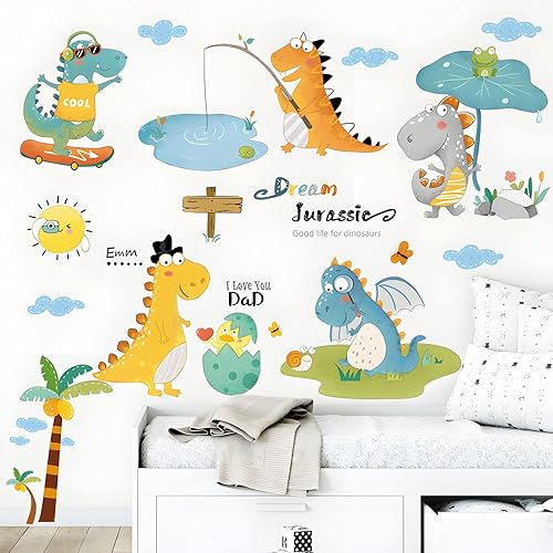Miniatura 2 de Calcomanías de pared de dinosaurio de dibujos animados T-Rex para pesca, calcomanías de pared para niños, habitación de niños, dormitorio,