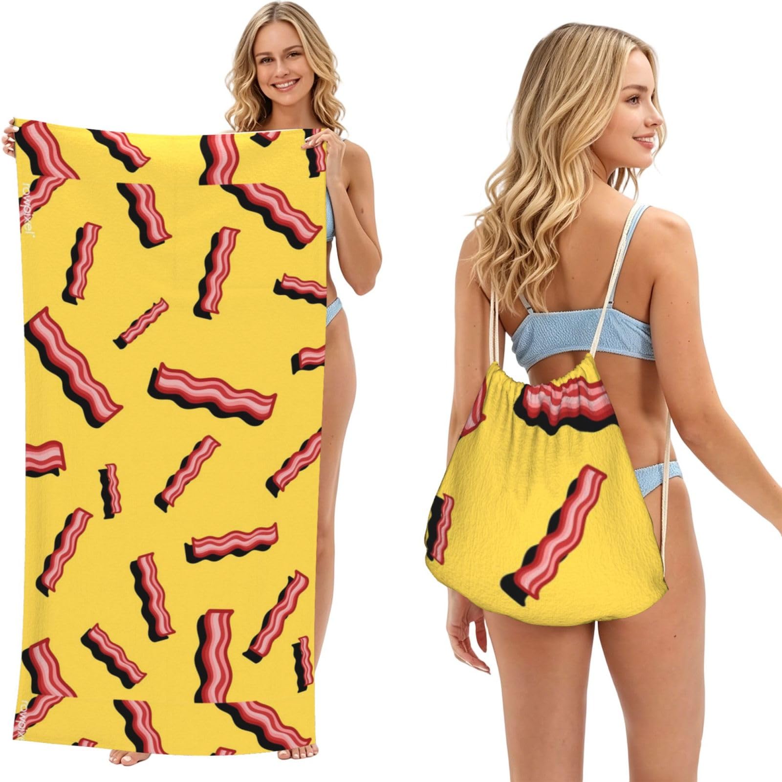 Poadnly As Picture Bacon Yellow Background, 2 In 1 Packable Towel Bag, Beach Towels With Drawstring Backpack For Travel Holiday Camping