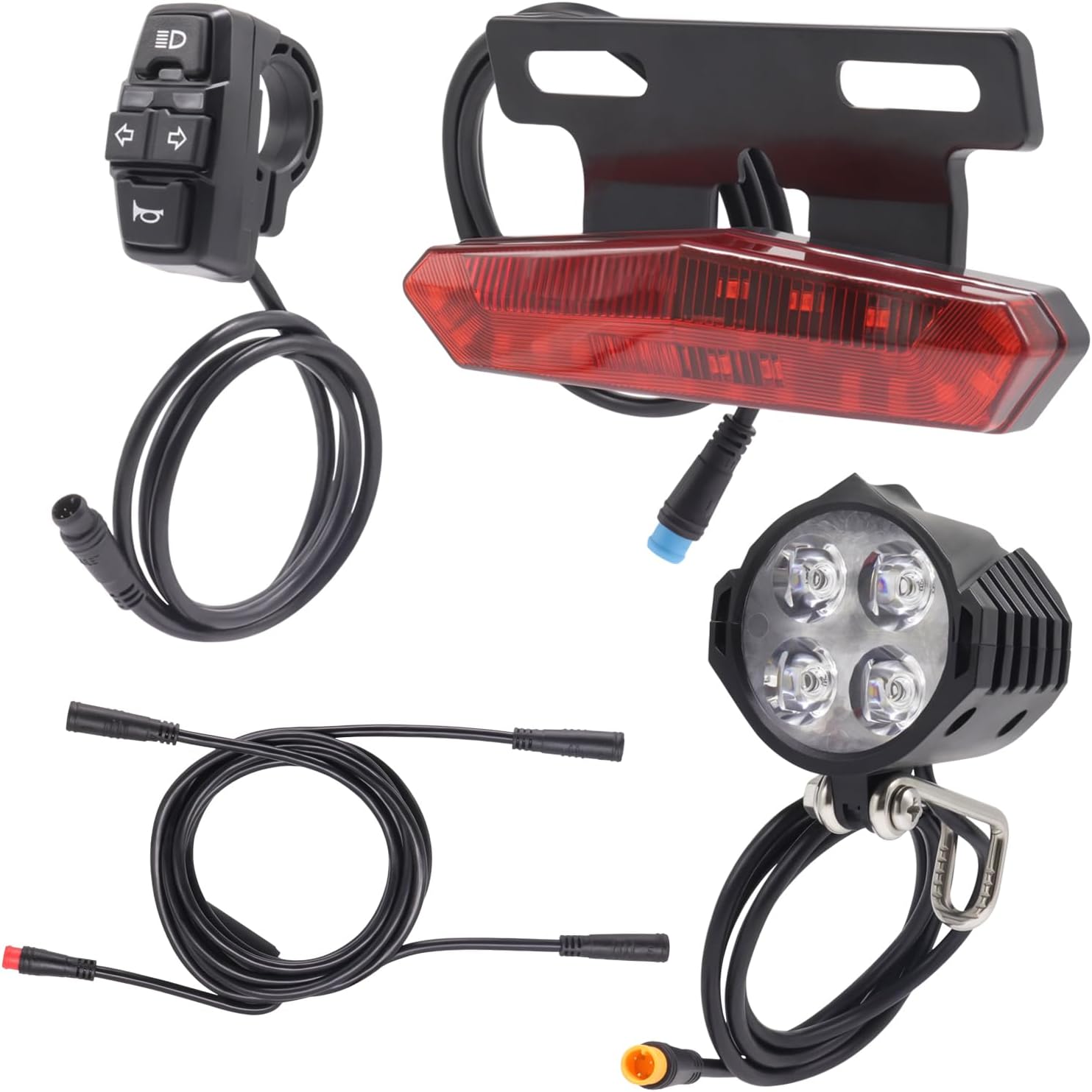 Waterproof Connector EBike Light Kit with Turn Signal Tail Light, Electric Bike Headlight 36V 48V, Switch and 1T3 Connecting Cable, Front Light with Horn