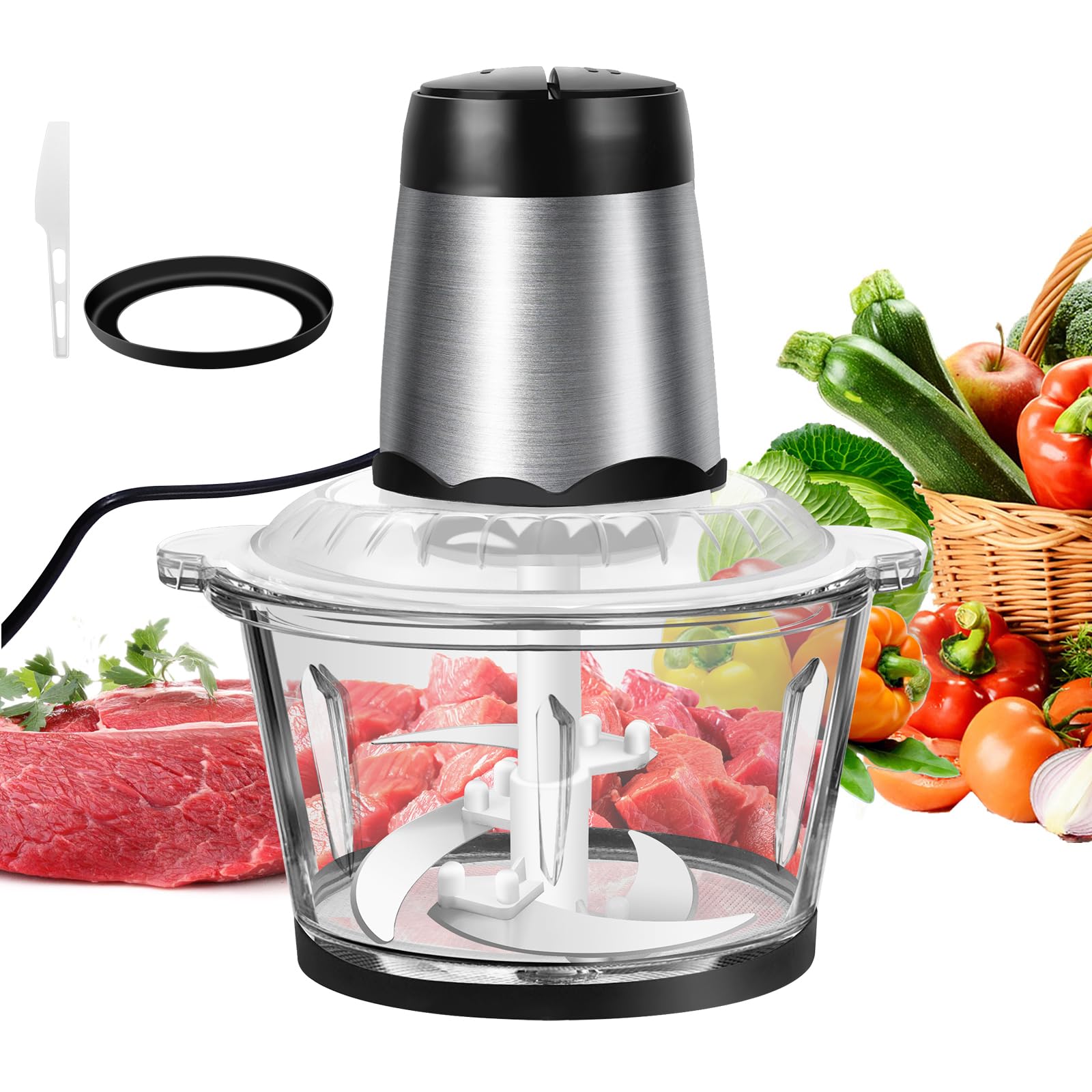 Procesador eléctrico de alimentos y picador, 300 W con recipiente de vidrio de 2 L, 4 cuchillas de acero inoxidable, 2 ajustes de velocidad, funcionamiento con un solo toque, fácil de limpiar, mini