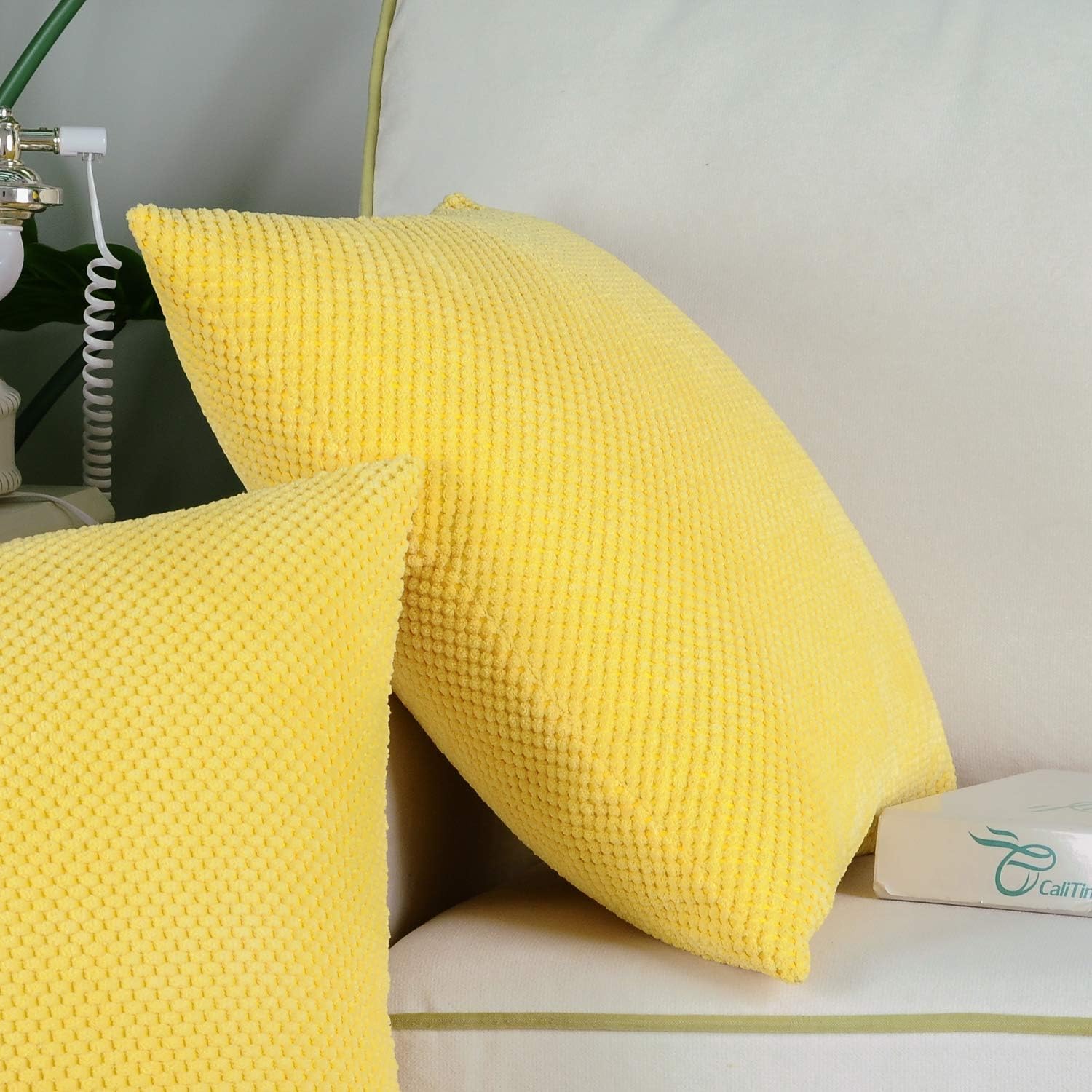 CaliTime Pack of 2 Comfy Throw Pillow Covers Cases for Couch Sofa Bed Comfortable Soft Solid Corduroy Pineapple Trellis Both Sides 20 X 20 Inches Bright Yellow