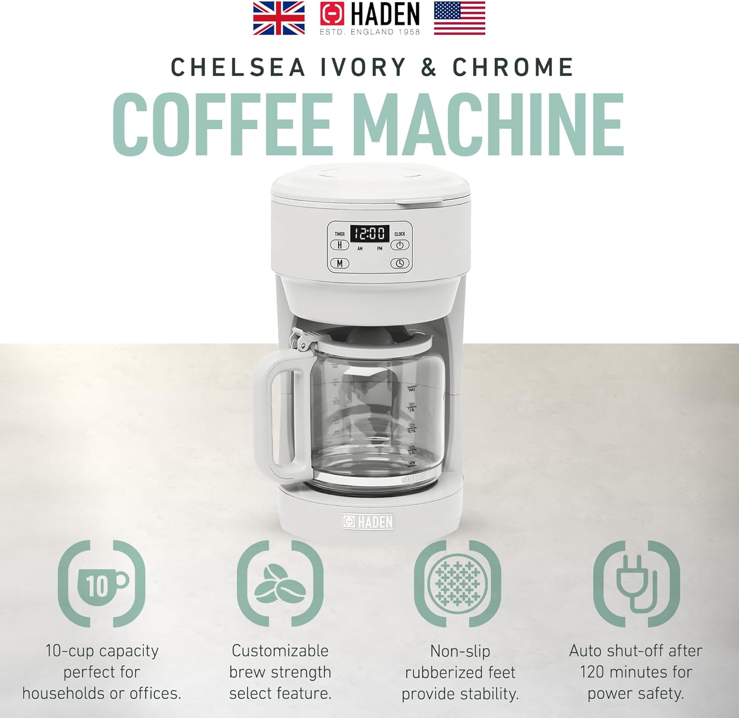 Haden Chelsea 10 Cup Digital Drip Coffee Maker with Glass Carafe, Ivory & Chrome