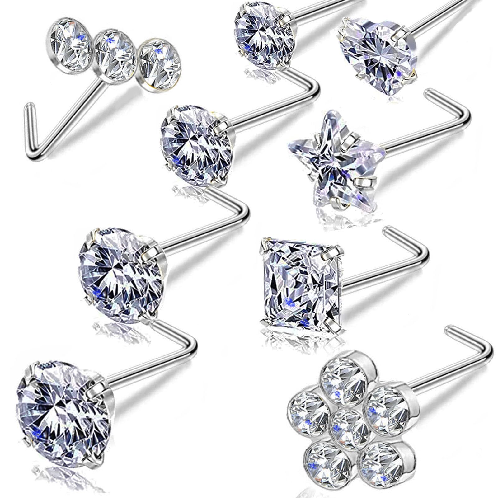 Carperton14k Gold Plated 316L Surgical Steel 22g/20g/18g Nose Rings Studs L-Shape Bone Screw Nostril Piercing 1.5mm 2mm 2.5mm 3mm 3.5mm 4.5mm CZ Nose Studs for Women
