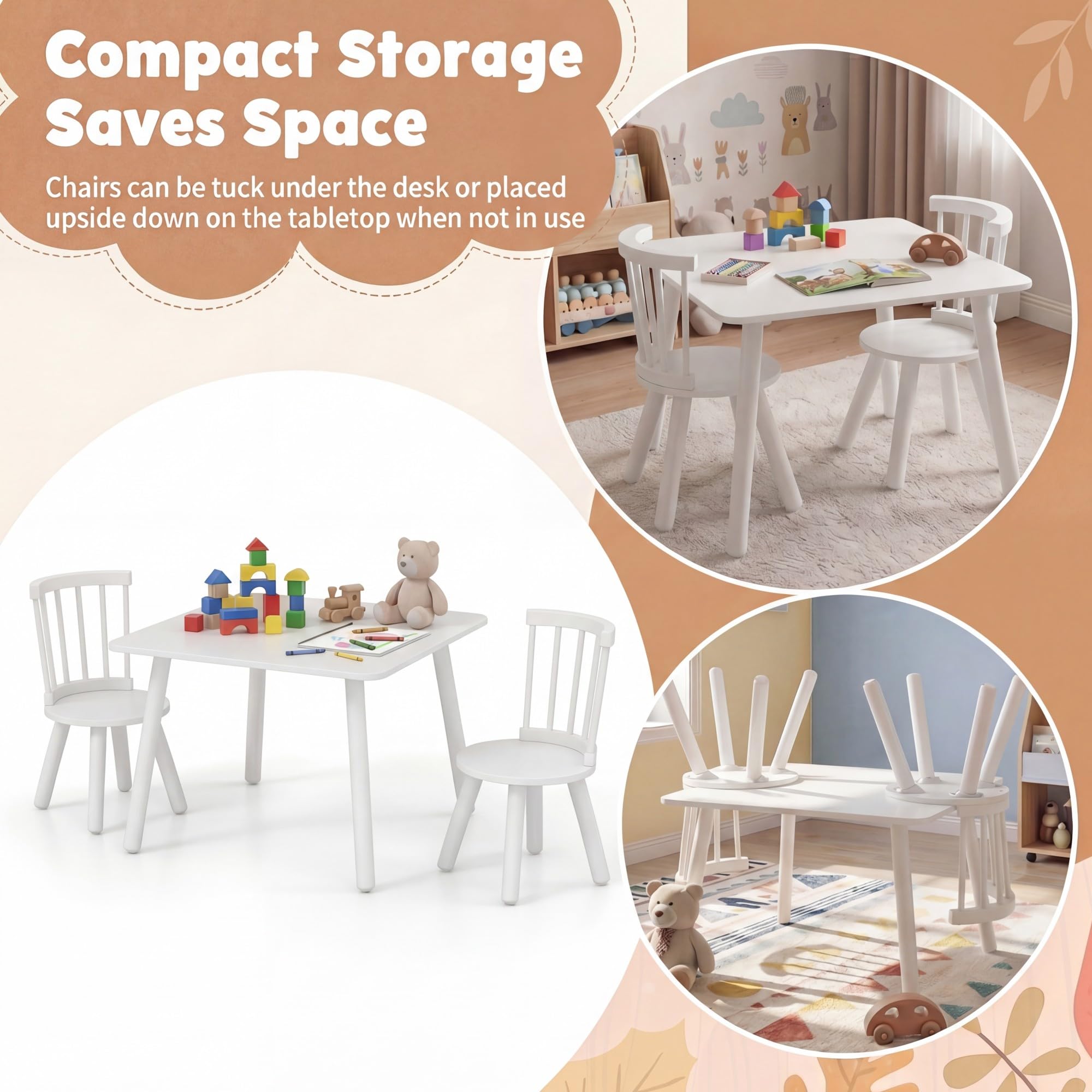 LIFEZEAL Kindertisch mit 2 Stühlen, 3-teilig Kindersitzgruppe für Jungen & Mädchen, Sitzgruppe Kinder Holz, Kinder-Tisch-Stuhl Set Kindermöbel Sitzgruppe für Kinderzimmer, Kindergärten (Weiß)