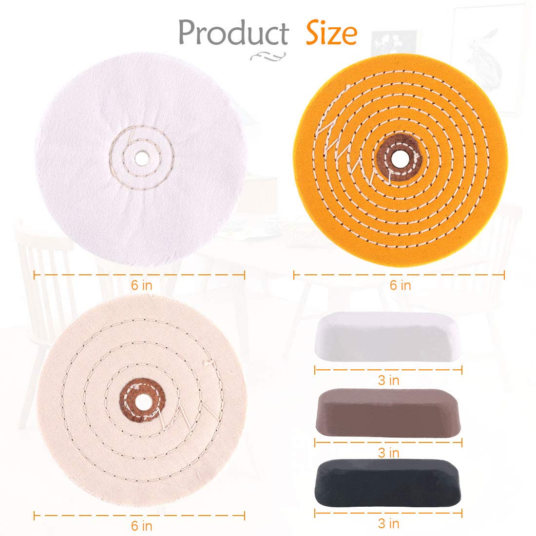6 piezas kit de pulido y pulido incluye surtido de 6 pulgadas con 1/2 pulgadas de arbor agujero rueda de pulido, negro esmerilado, marrón Tripoli, diamante blanco para banco, molinillo