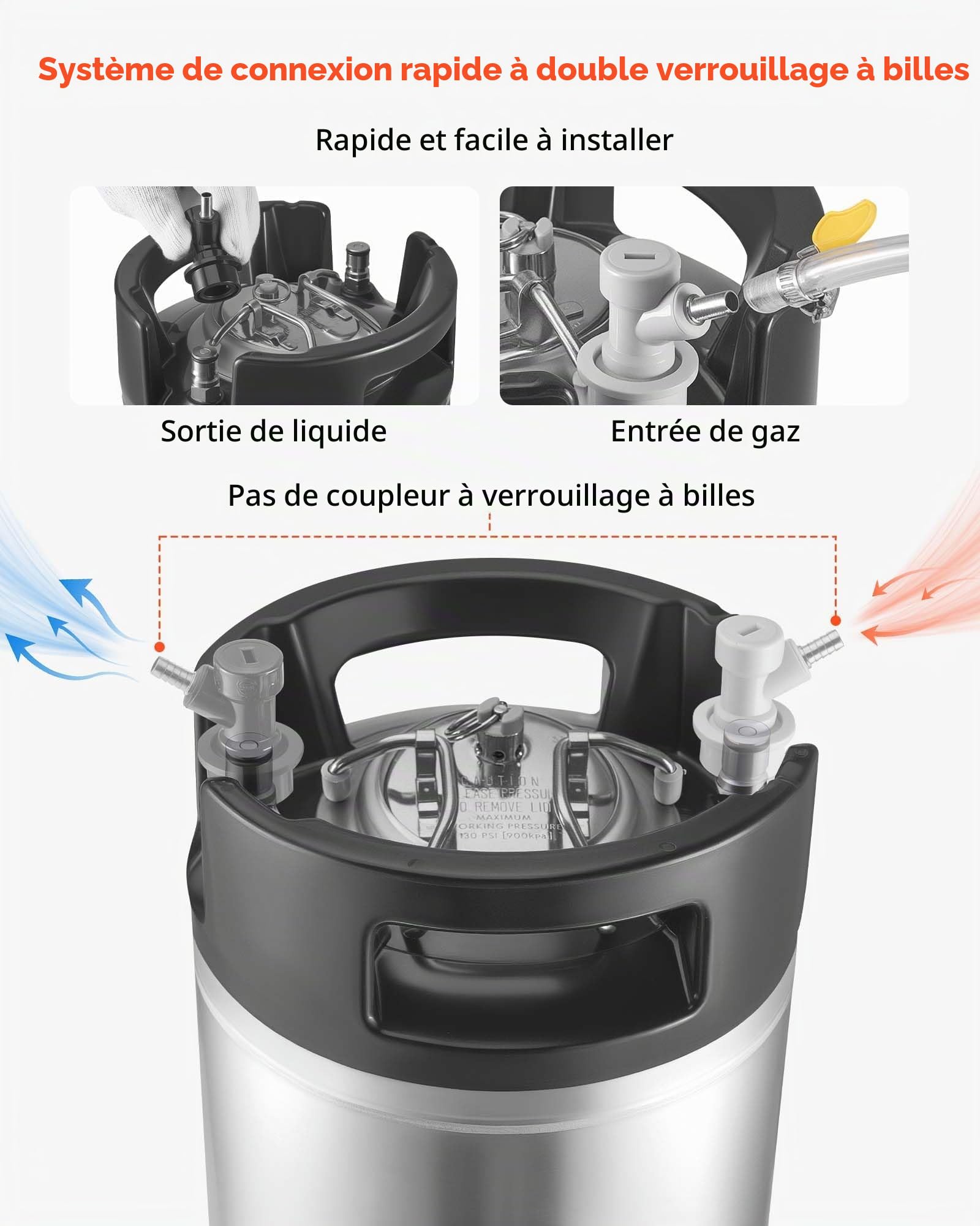 VEVOR Fût Bière Pression 19 L, Soda Keg à Verrouillage à Bille, Fût sous Pression en INOX SUS304 pour Brassage à Froid, avec Doubles Poignées et Fond en Caoutchouc, Équipement de Brassage Maison