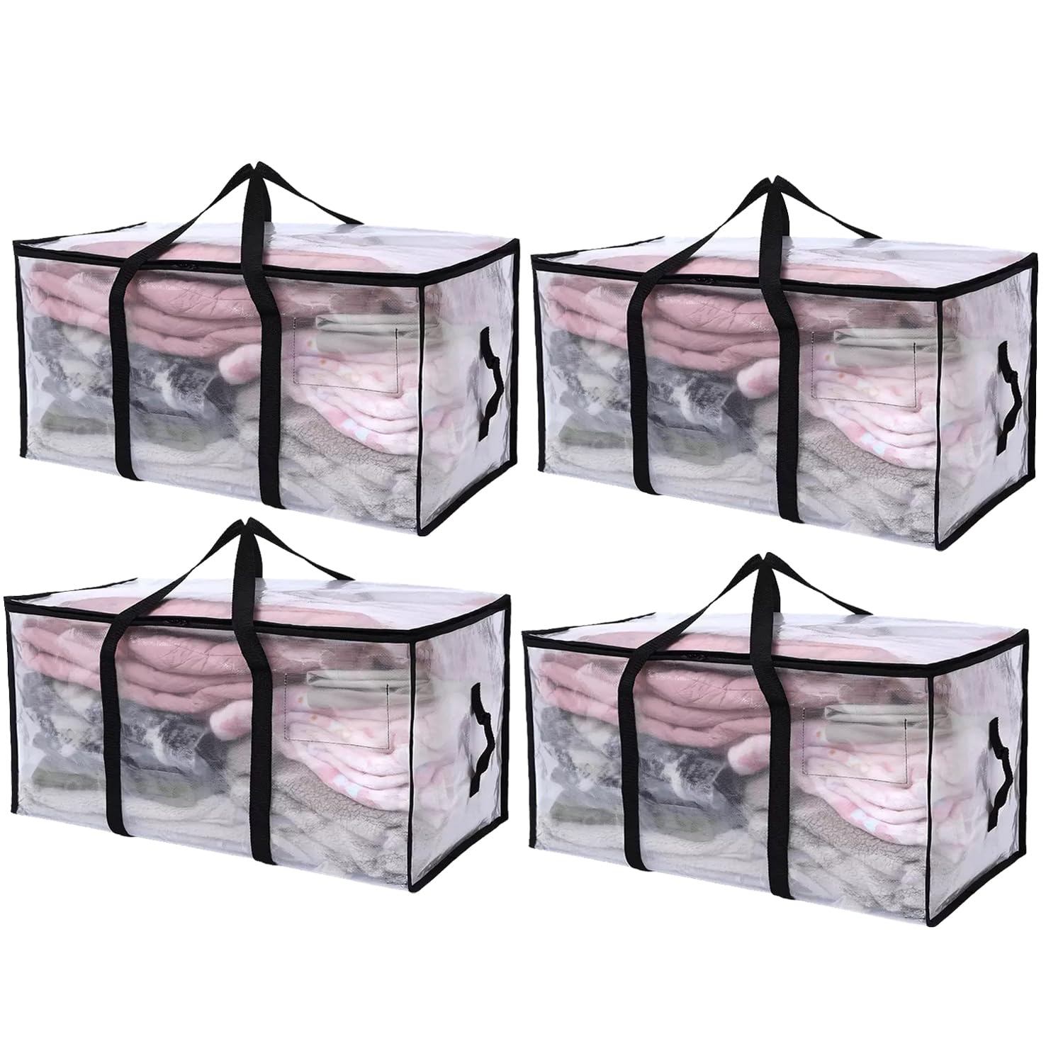 4 Pcs Extra Large Moving Storage Bag with Zips, Clear Wardrobe Organizer Tote with Empty Tag Pocket, Moving Box Alternative, Waterproof Packing Clothes Storage Bin for House, Under Bed, Laundry, Duvet