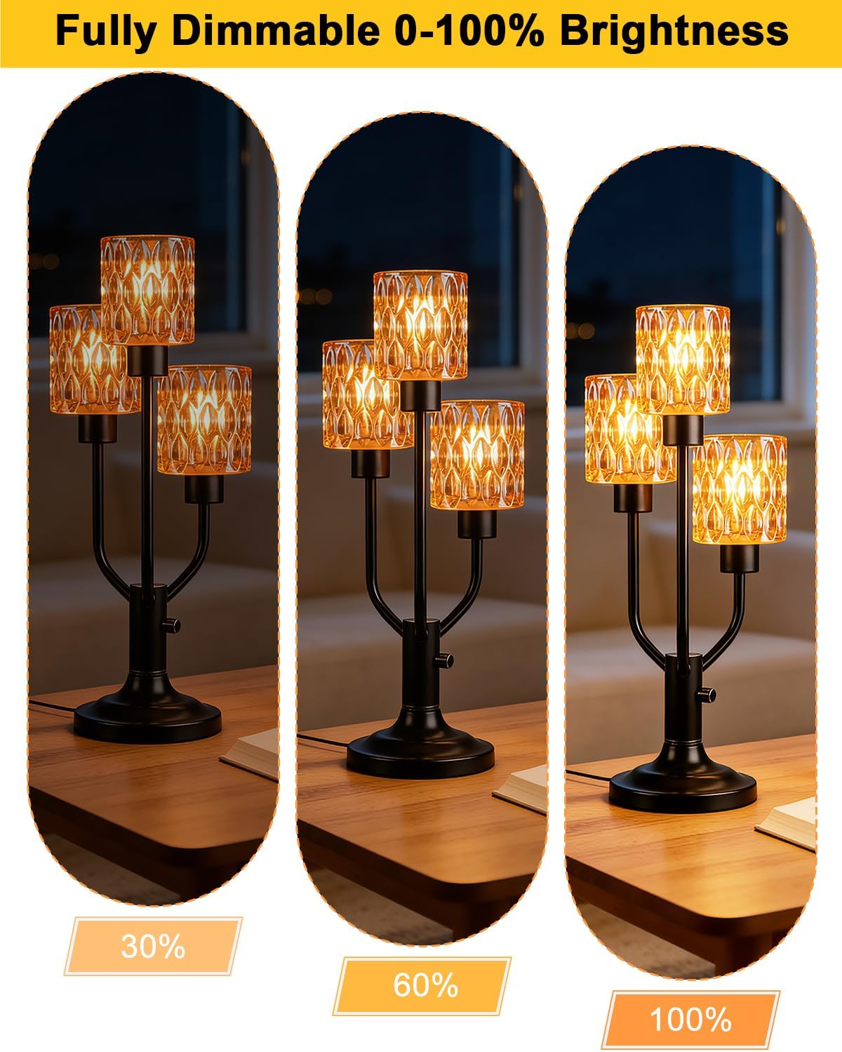 Modern Glass Table Lamp for Bedroom, 3-Light Black Dimmable Desk Lamp with Brown Glass Shade& Bulb Included 3000K Warmwhite Nightstand Lamp Bedside Lamps for Living Room