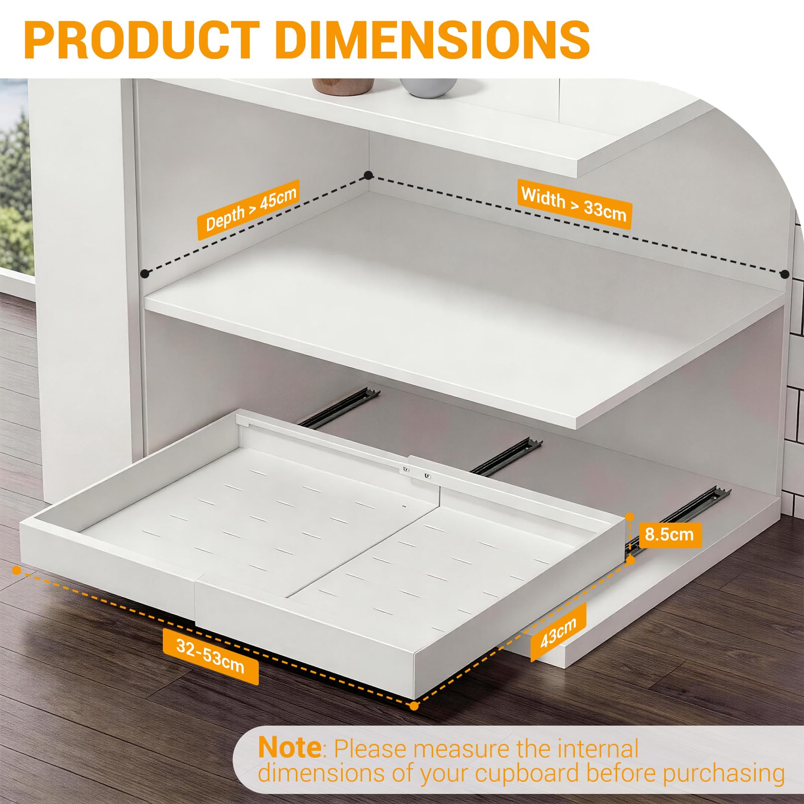 Teleskopschublade Ausziehbar, Küchenschrank Schubladenauszug Mit Kleber, Ausziehbarer Schrank Organizer Ohne Bohren für Küche Bad Wohnzimmer, Einstellbare Breite 32-53 cm, Weiß, 1 Stück
