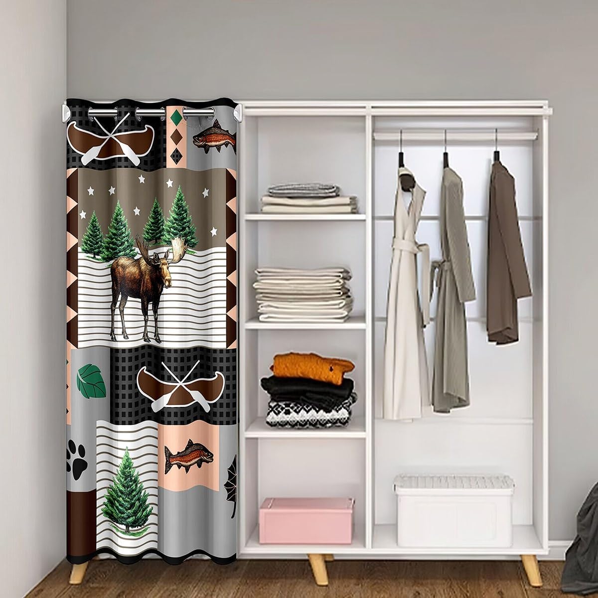 Moose Lodge Doorway Curtain Privacy,Rustic Famhouse Boat Bass Fish Blackout Curtain for Bedroom,Retro Brown Gray Black Plaids Stripes Patchwork Door Cover Curtain,84"×52" 1 Panel