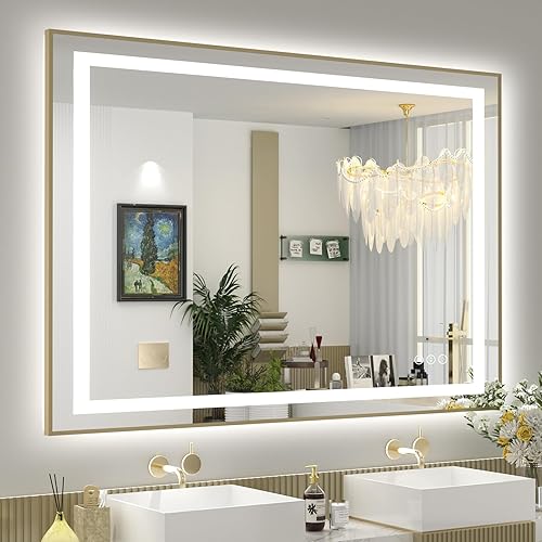 Miniatura 28 de OKPAL 50x30 Espejo de baño LED con marco negro, espejo iluminado para tocador de baño, iluminación frontal y trasera, regulable, antivaho, 3 Negro