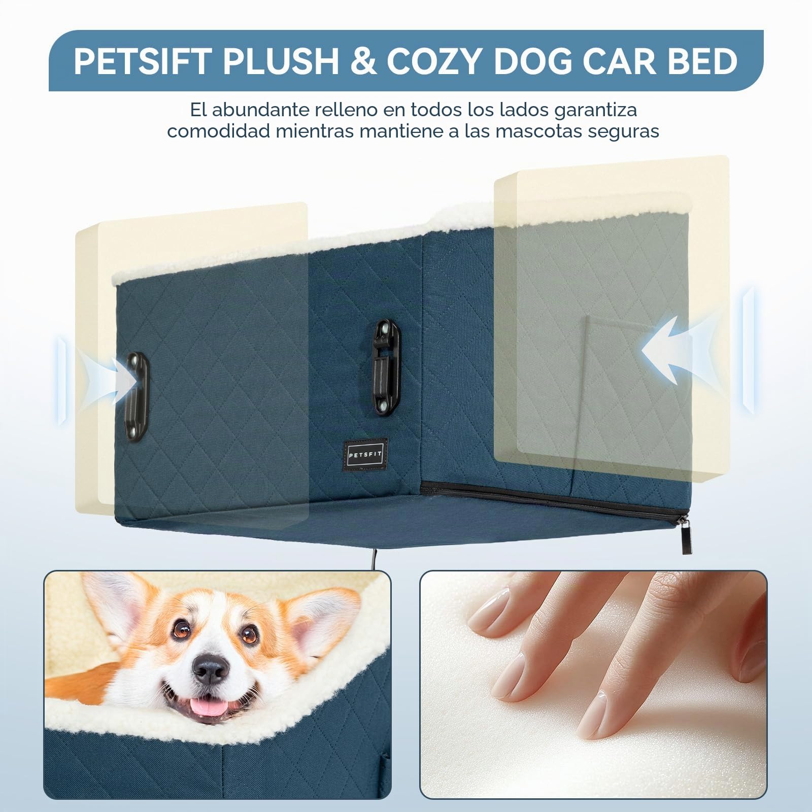 PETS FIT Asiento Perro y Coche Ajustable 12,5cm + Transportín Patente | Funda Lavable, Clip Seguridad | Cama Perro Coche para Mascotas hasta 12kg
