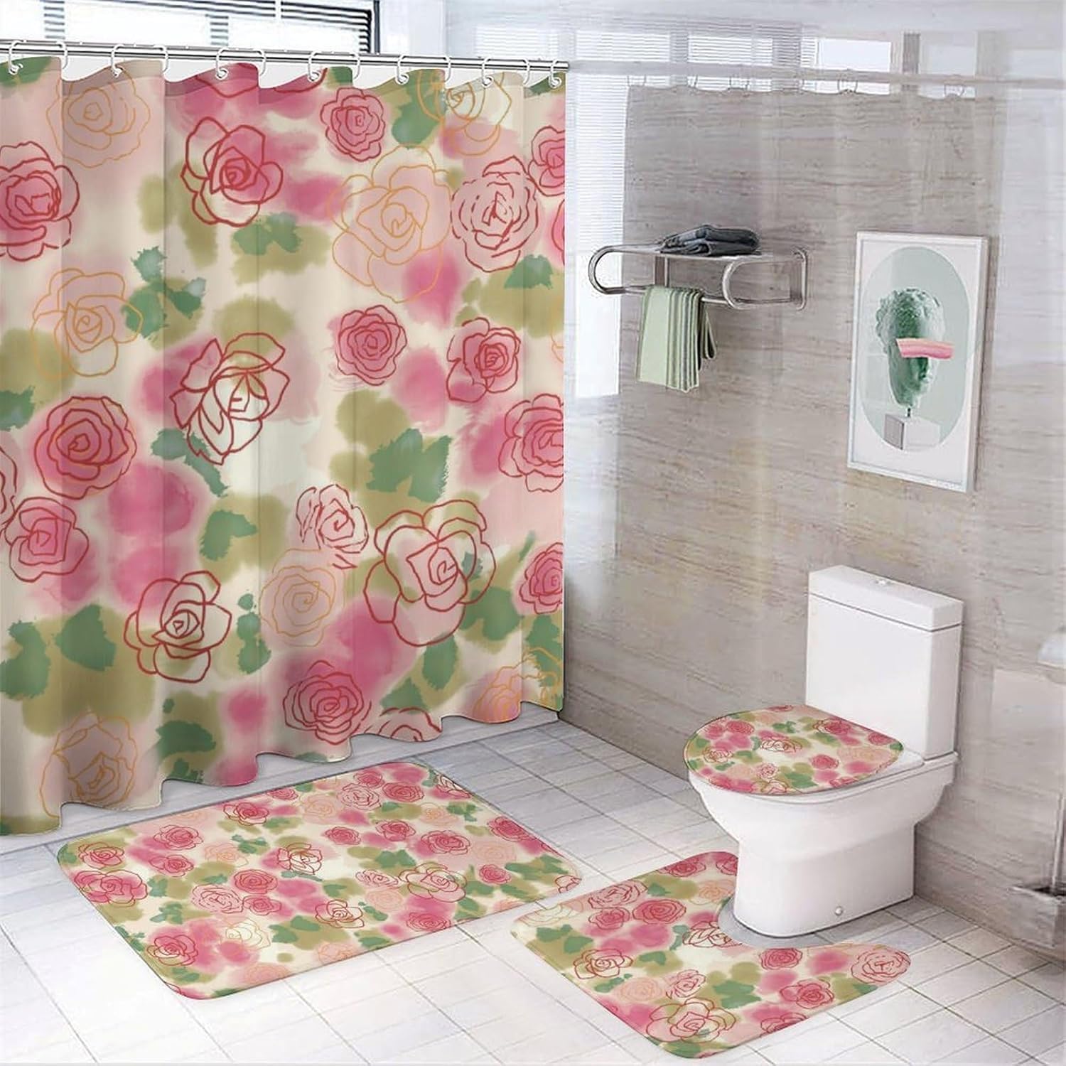 Ensemble Rideau de Douche Vintage Floral et Tapis Absorbant Anti-Glisse pour la Salle de Bain