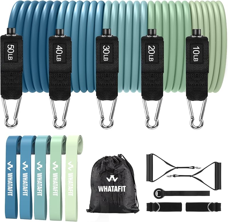 WHATAFIT Bandas de resistencia con asas, bandas de ejercicio de 5 niveles para entrenamiento | Látex natural, 10-50 lbs, apilable hasta 150, correas para tobillos, anclaje para puerta, guía. Para fuerza, yoga, gimnasio en casa, viajes y entrenamiento.