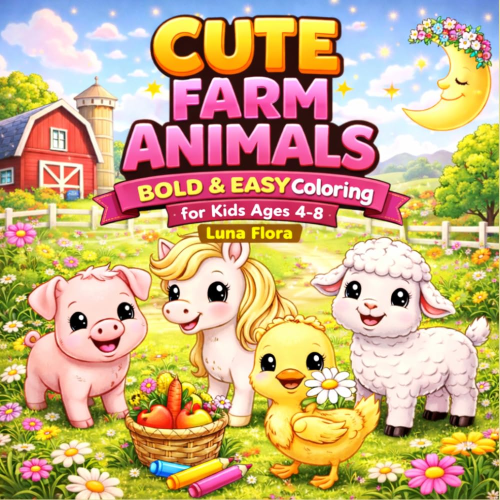 Cute Farm Animals Coloring Book for Kids Ages 4-8: Bold and Easy Farm Animal Coloring Pages with Cows, Pigs, Horses, Chickens and More / (Bold & Easy Coloring Book for Kids Ages 4-8)