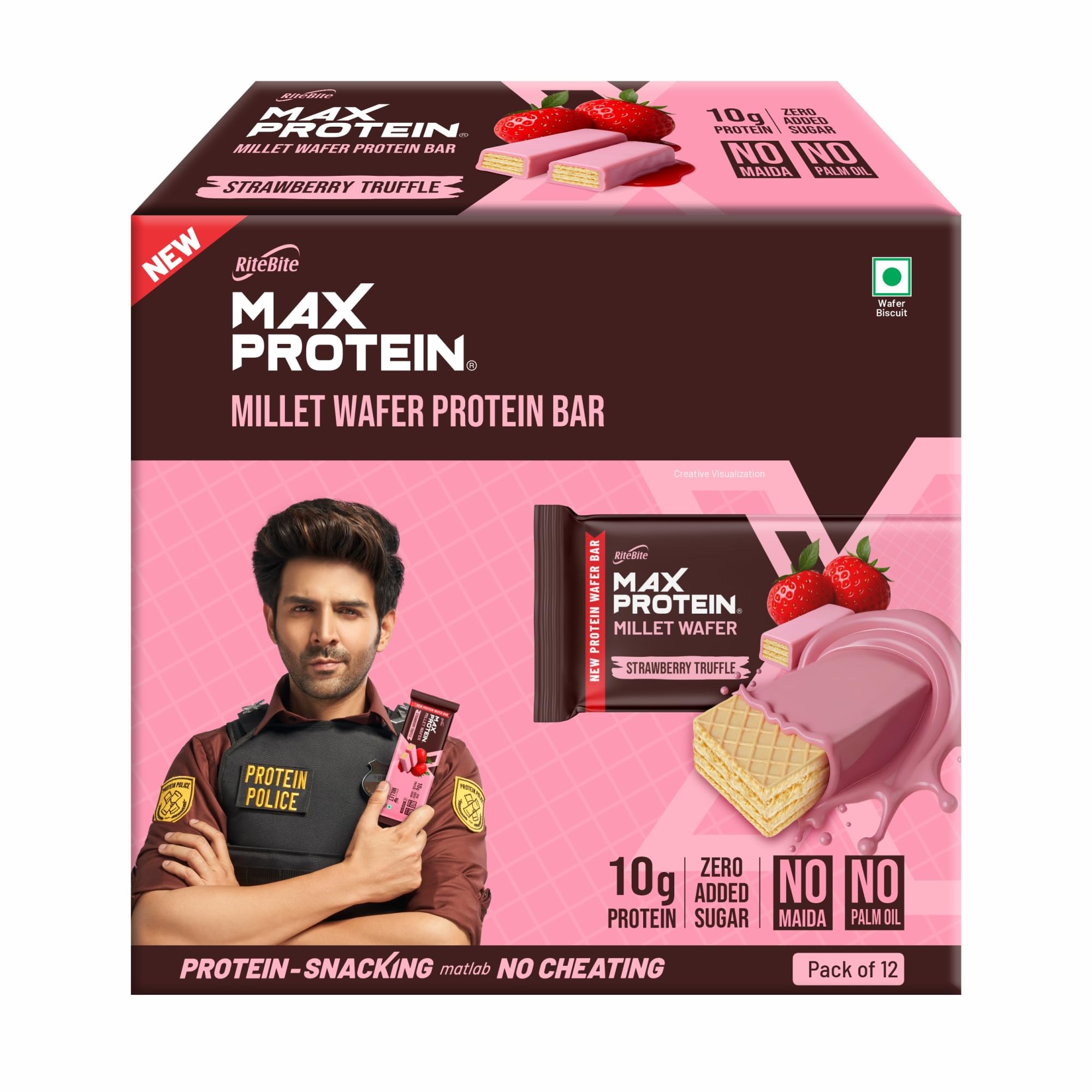 RiteBite Max Protein Strawberry Truffle 10g Protein Millet Wafer Bars (Pack of 12), No Maida, No Palm Oil, Zero Added Sugar, Crunchy Wafer Snack, 480g