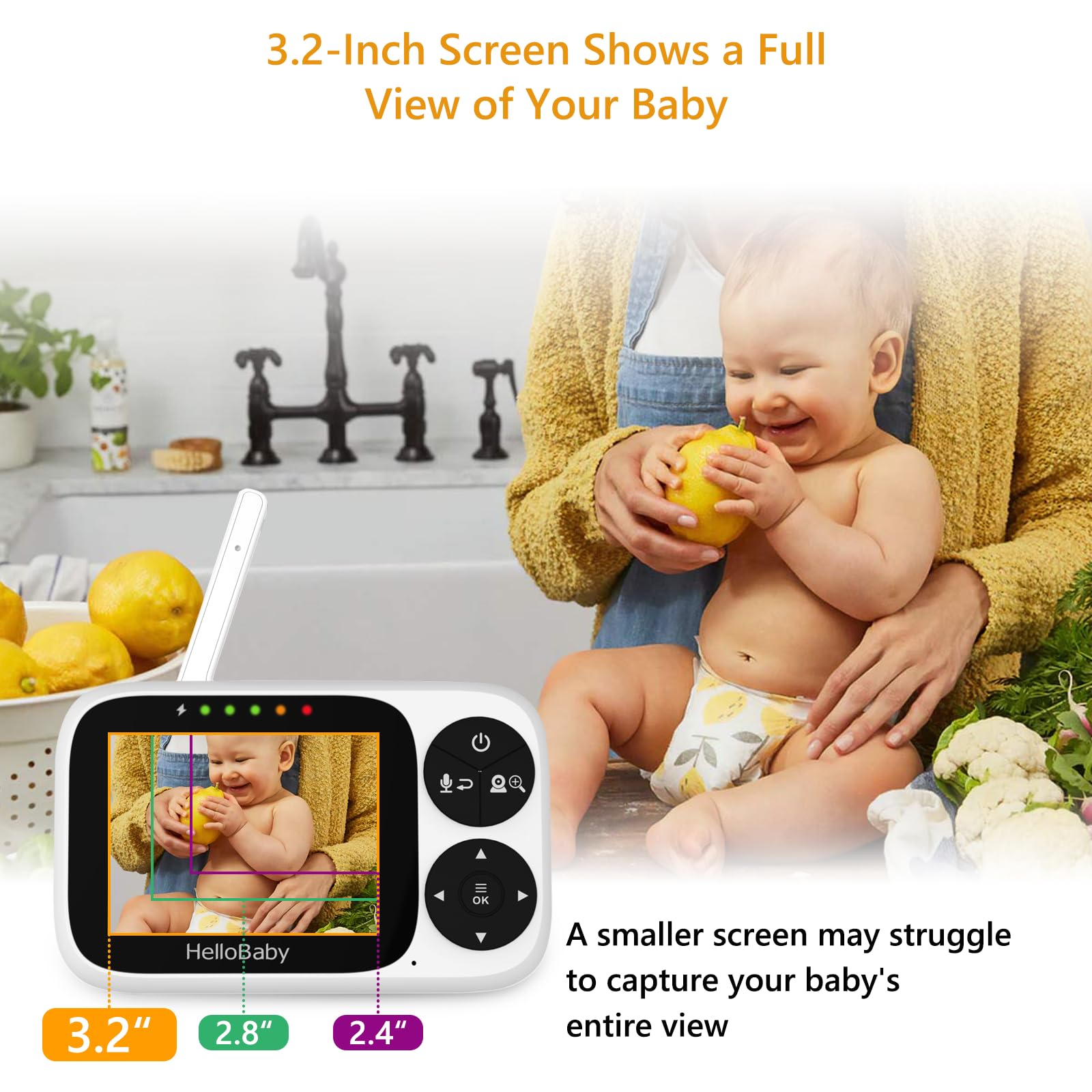 HelloBaby Babyphone mit Kamera, Ohne WLAN, 3,2-Zoll-IPS-Bildschirm, Nachtsicht, Schwenken, Neigen, Zoomen, Temperaturüberwachung, 2-Wege-Audio, Schlaflied, Fütterungsalarm
