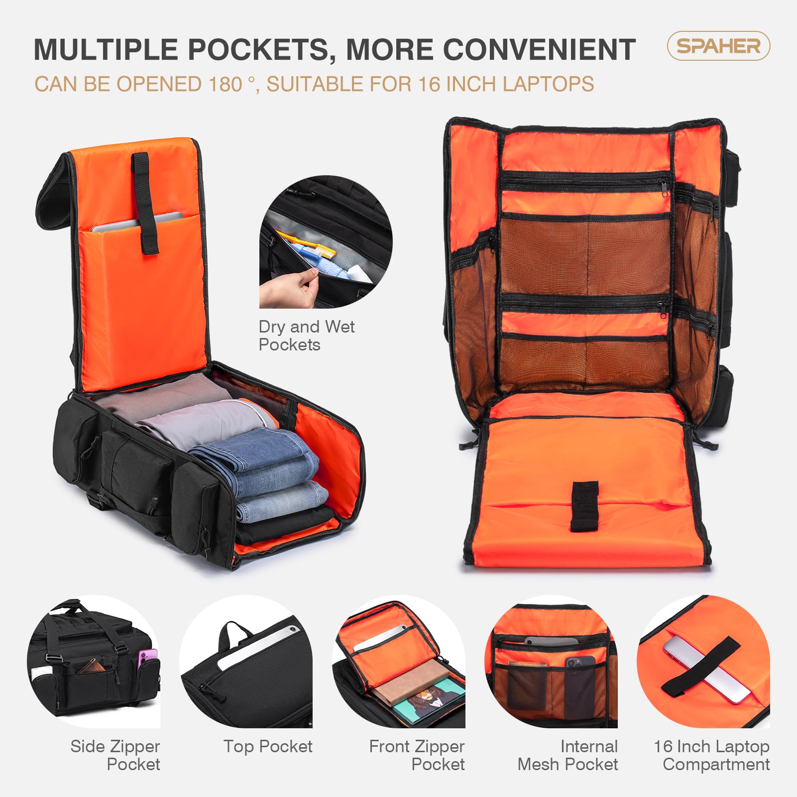 SPAHER 50L Sac à Dos Voyage Randonnée Tactique 55x35x25 Bagage Cabine Air France KLM Sac à Dos Cabine Avion Imperméable Grande Bagage à Main Femme Homme pour Trekking Sport Camping, Nior