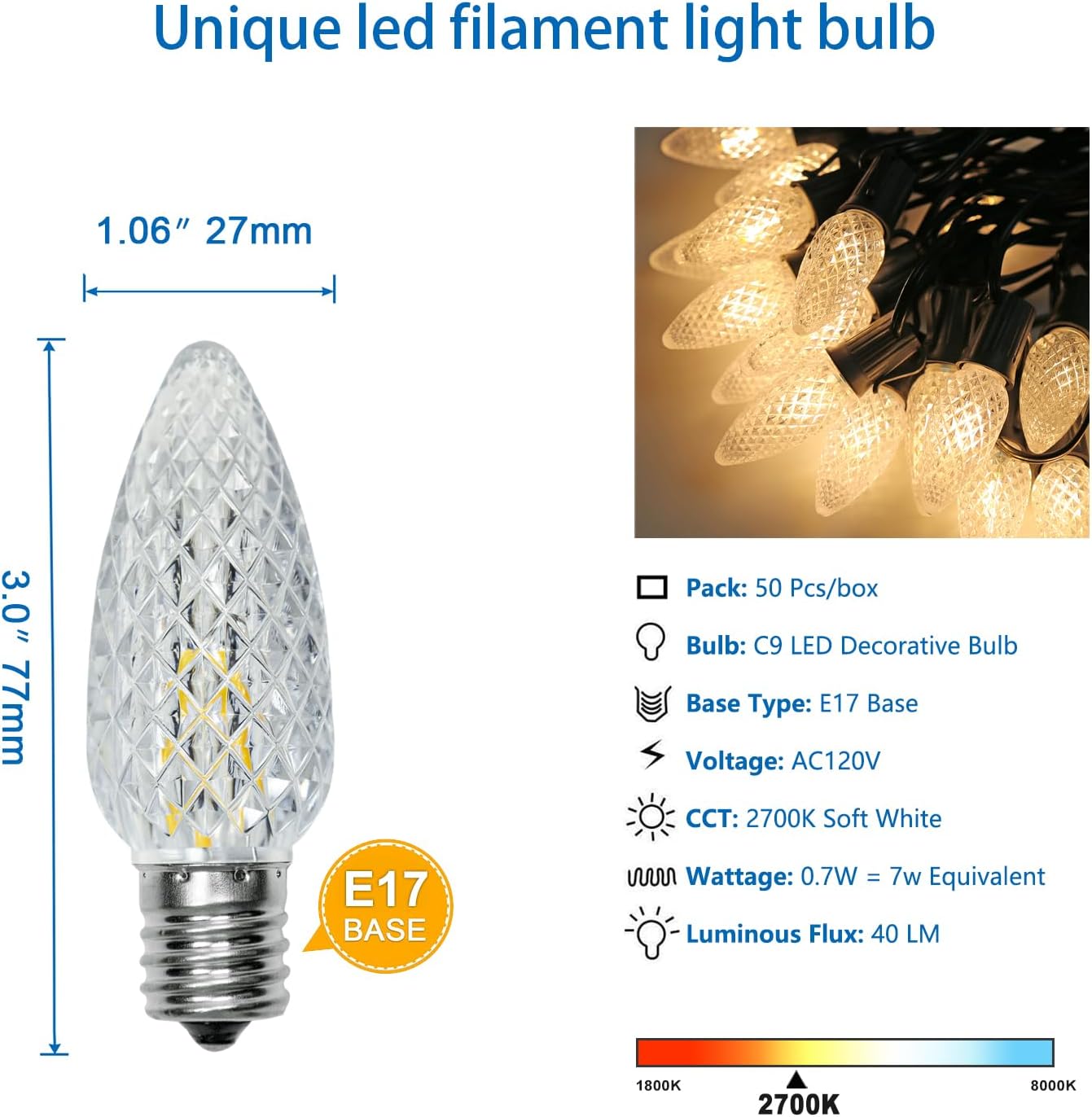 50 Pack C9 Christmas Lights LED Replacement Bulbs, Shatterproof & Waterproof Plastic C9 Led Bulbs for Outdoor String Lights, E17 Base, 0.7W Equivalent to 7W, 2700K, 40lm Holiday Decoration