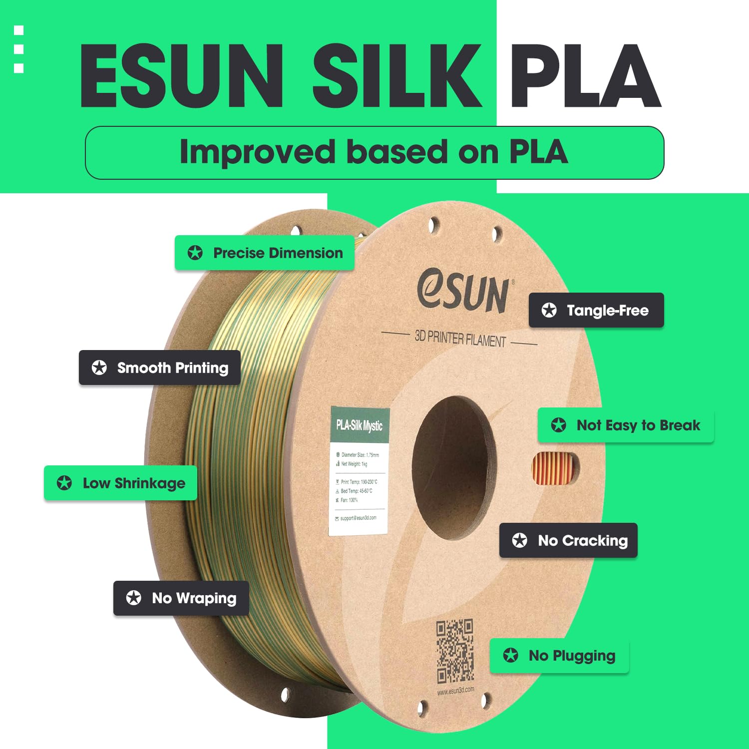 eSUN Filamento per stampante 3D in PLA di seta, 1,75 mm, a tre colori, gradiente, lucido, setoso, precisione dimensionale +/-0,03 mm, bobina di cartone da 1 kg, oro verde e nero, tripli colori