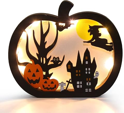 How to Choose Festive Halloween Home Decor 4 FOIMAS Halloween Wooden Table Sign Light Up Pumpkin Centerpiece