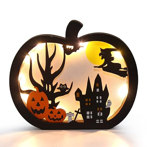 FOIMAS Halloween Wooden Table Sign,Light Up Pumpkin Table Centerpiece Topper