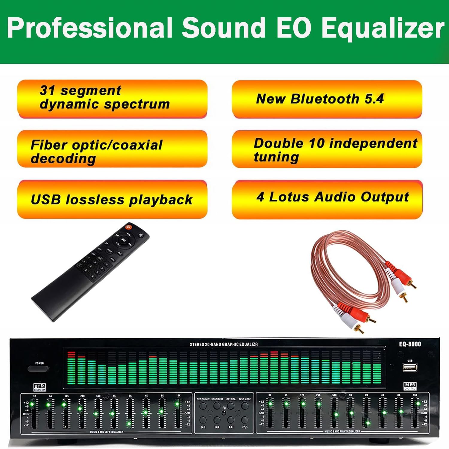 Égaliseur numérique 31 bandes, égaliseur graphique stéréo, double réglage 10 bandes, 12 modes de rythme, Bluetooth 5.4, décodage audio numérique coaxial optique, réduction du bruit pour studio