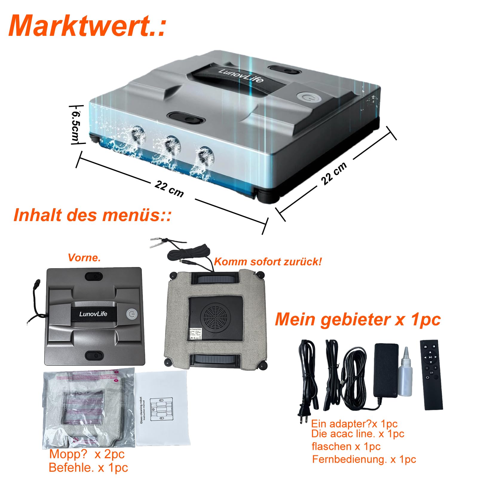 Fensterputzroboter 5600Pa mit 6-Düsen Sprühsystem, Fenstersauger für rahmenlose Fenster, App & Fernbedienung, Automatischer Fensterreiniger, 22.5x22.5x6.5cm