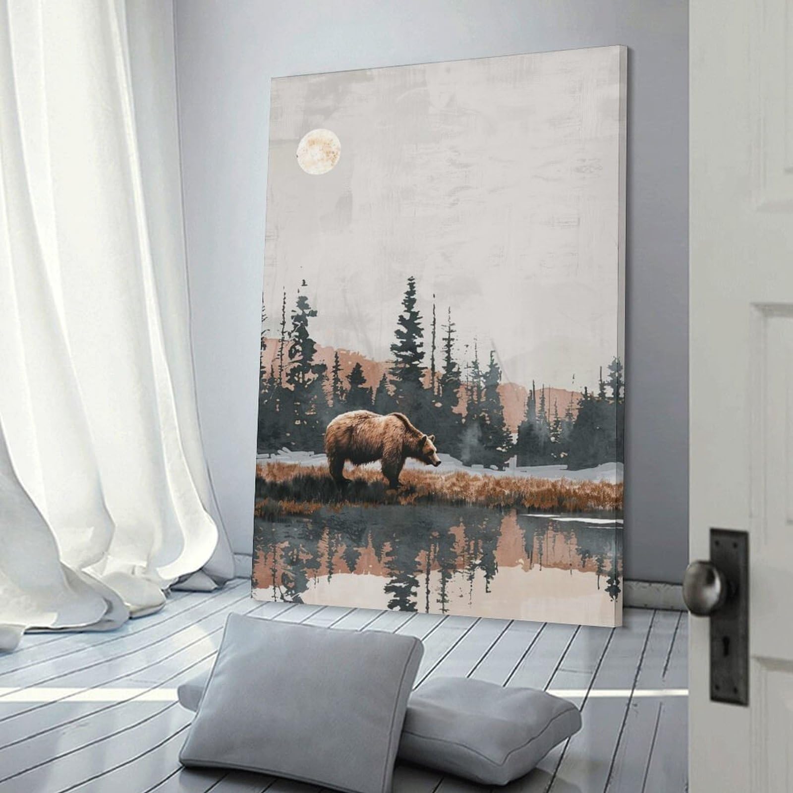 Junmoney Frame-Style-2 Bear By The Lake Decorative Canvas Print, 24X36inch(60X90cm), For Contemporary Homes, Apartments Or Offices, Home Artwork For Modern Interiors