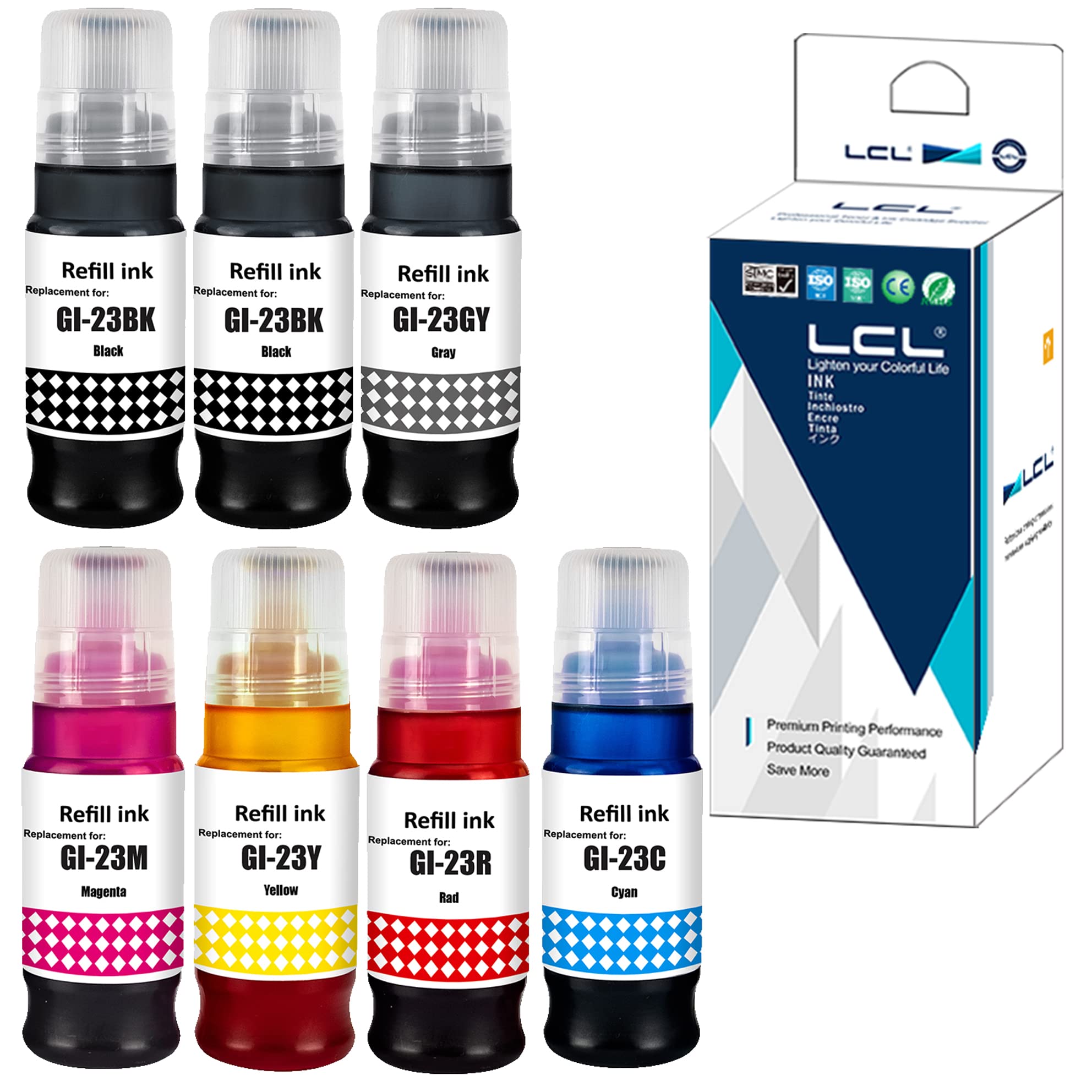 LCL Compatible Ink Bottle Replacement for Canon GI23 GI-23 BK GI-23BK GI-23C GI-23M GI-23Y GI-23R GI-23GY PIXMA G620 (7-Pack 2Black Cyan Magenta Yellow Red Gray)