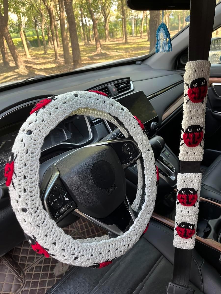 Crochet Ladybug Steering Wheel Cover,Cute Seatbelt Cover,Car Mirror Rainbow,Women Car Accessories (Wheel Cover+2 Belt Cover+Rainbow)