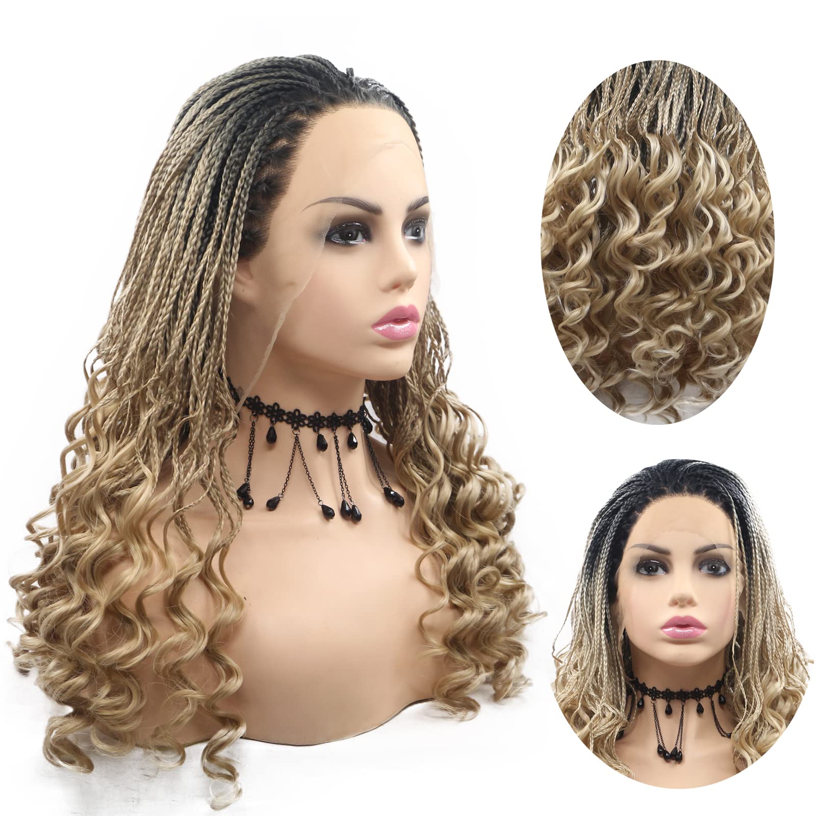 Cornrow Braided Blonde Wig Synthetic Lace Front Wig Curly Free Part Soft Natural Ombre Braids Wigs for Women Micro Braid Wig with Baby Hair Glueless Heat Resistant Fiber Hair Drag Cosplay 18Inch - Image 2