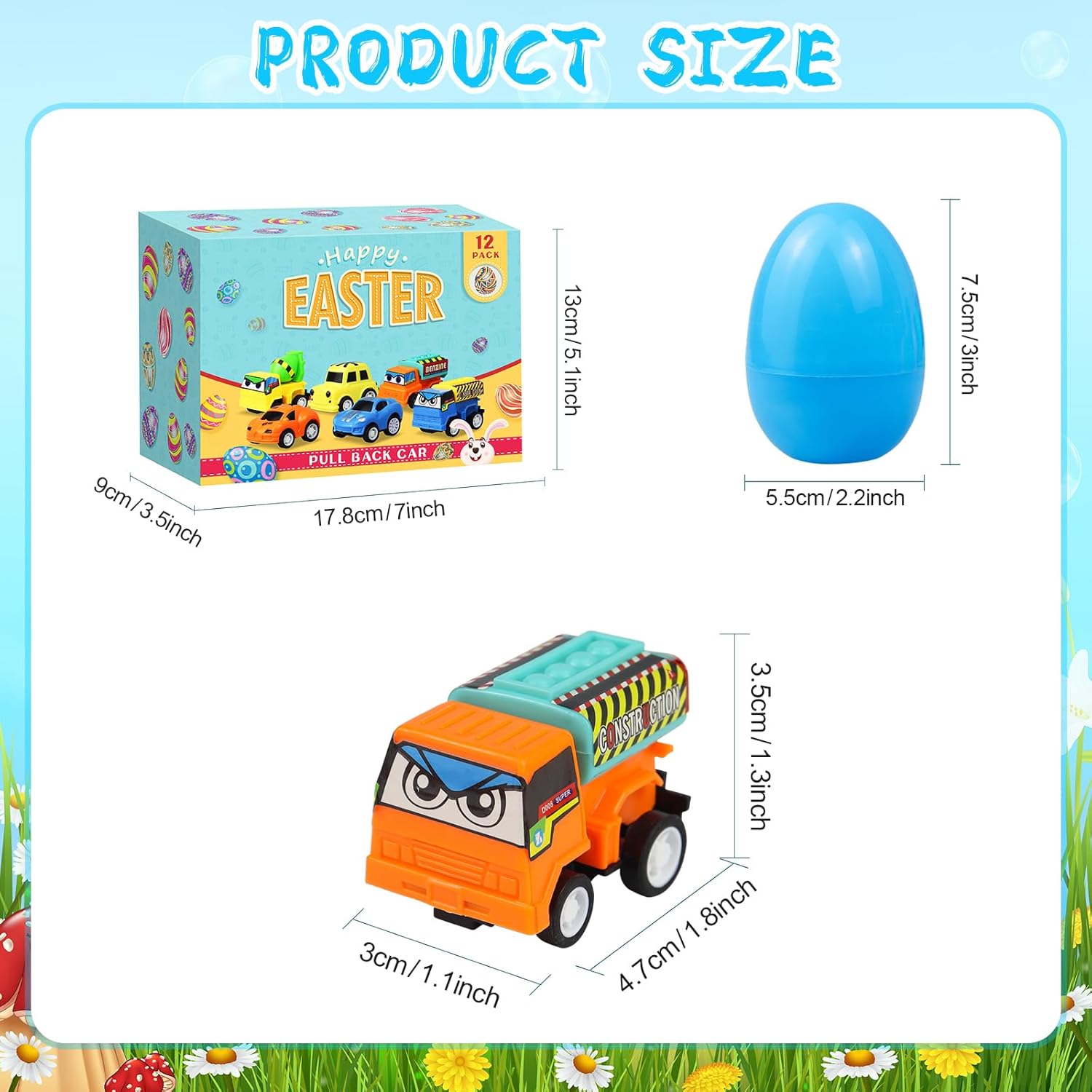 12PCS Pre Filled Easter Eggs Car Gifts for Kids with Pull-Back Cars, Trucks; Easter Basket Stuffers, Egg Hunt Supplies, Party Favors, Classroom Rewards; Multicolour, Unisex, 3+ Years