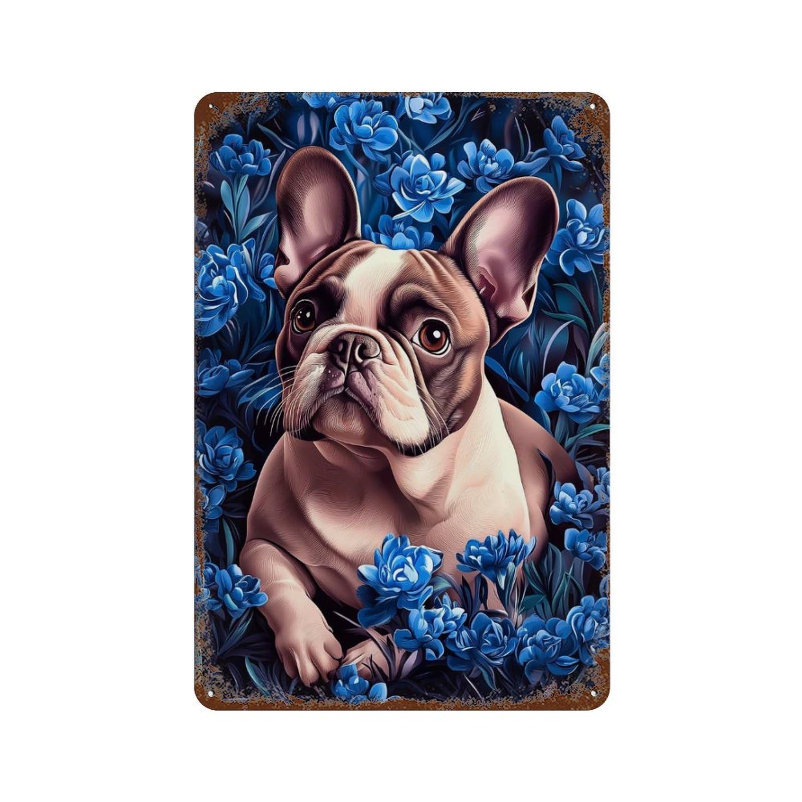 French Bulldog in Blue Flowers Retro Metal Sign 11.8"x7.9", Old School Wall Decor for Garage, Bar And Workshop Decor