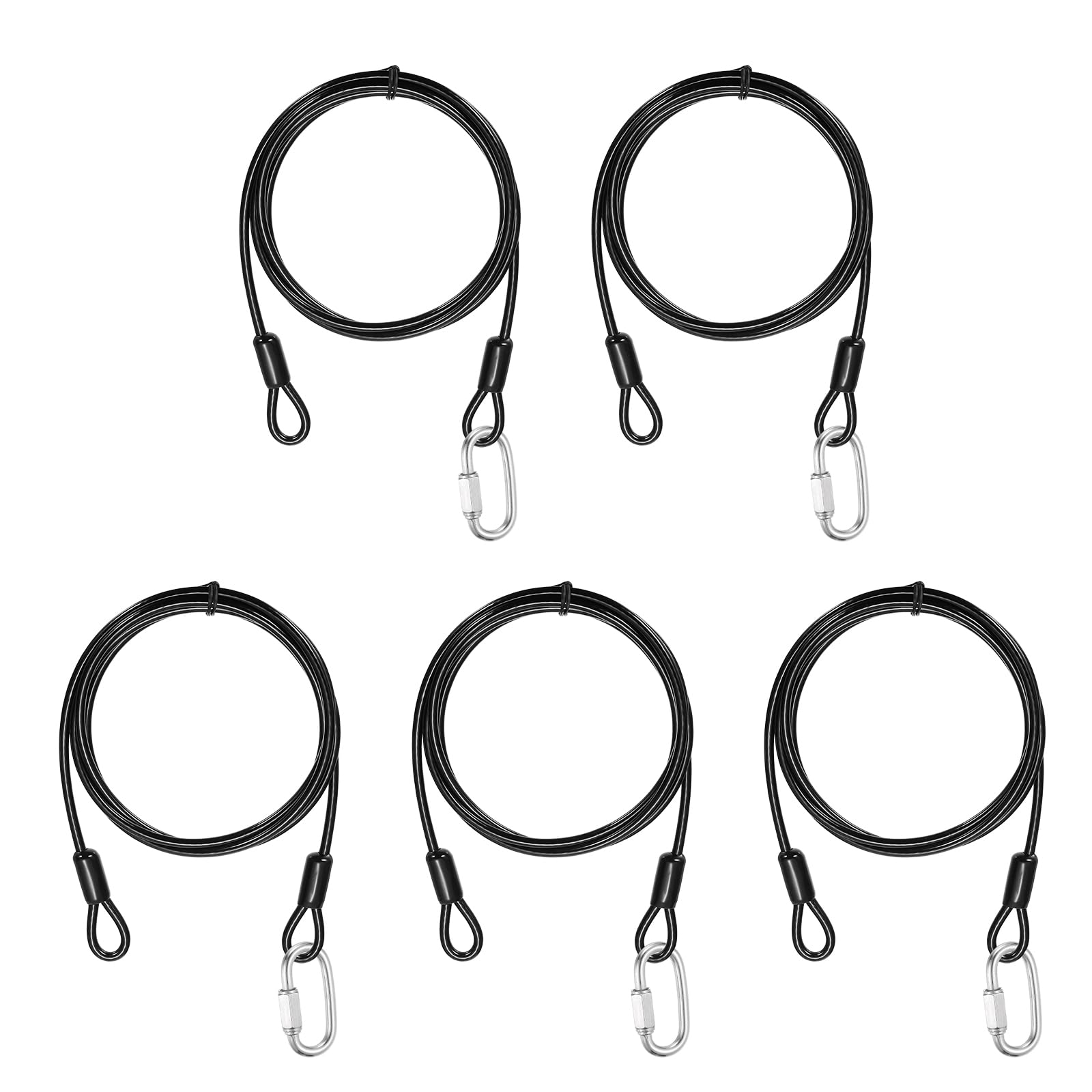PATIKIL Security Cable Lock (5mm x 2m, 6.6ft, Black)(5 Set) Vinyl Coated 304 Stainless Steel Double Loop Flexible Wire Rope Safety Cable with Quick Links Locking Connectors