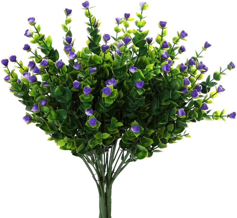 Houda 4pcs Fake Plants Artificial Greenery Shrubs Eucalyptus Branches with Purple Baby's Breath Flower Plastic Bushes House Office Garden Patio Yard Inddor Outdoor Decor (Purple 02)