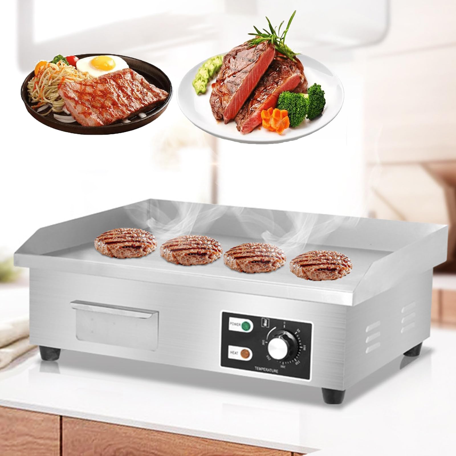 Piastra elettrica da appoggio da 22", griglia Teppanyaki per ristoranti Commerciali, Controllo della Temperatura Regolabile da 0 a 300℃, per cucine di ristoranti, Facile Pulizia