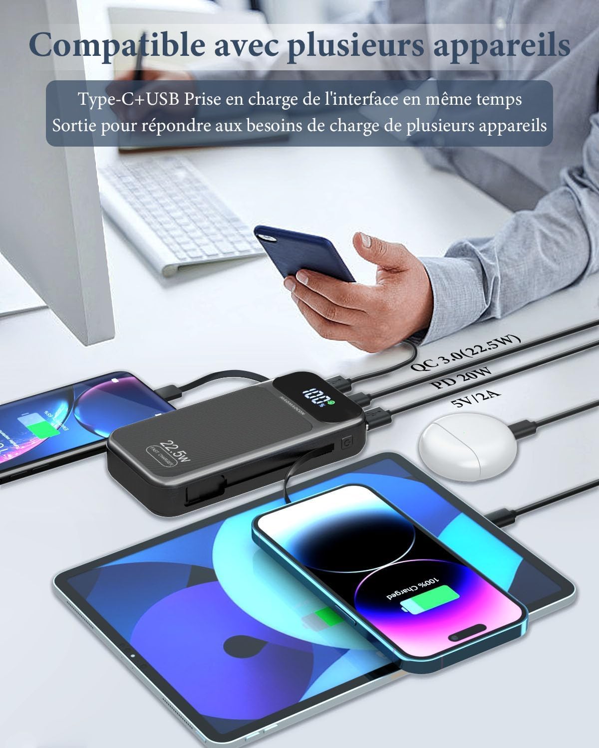 Power Bank 25800mAh 22.5W - Charge Rapide PD3.0 Et QC4.0, écran LCD, USB-C Entrée/sortie