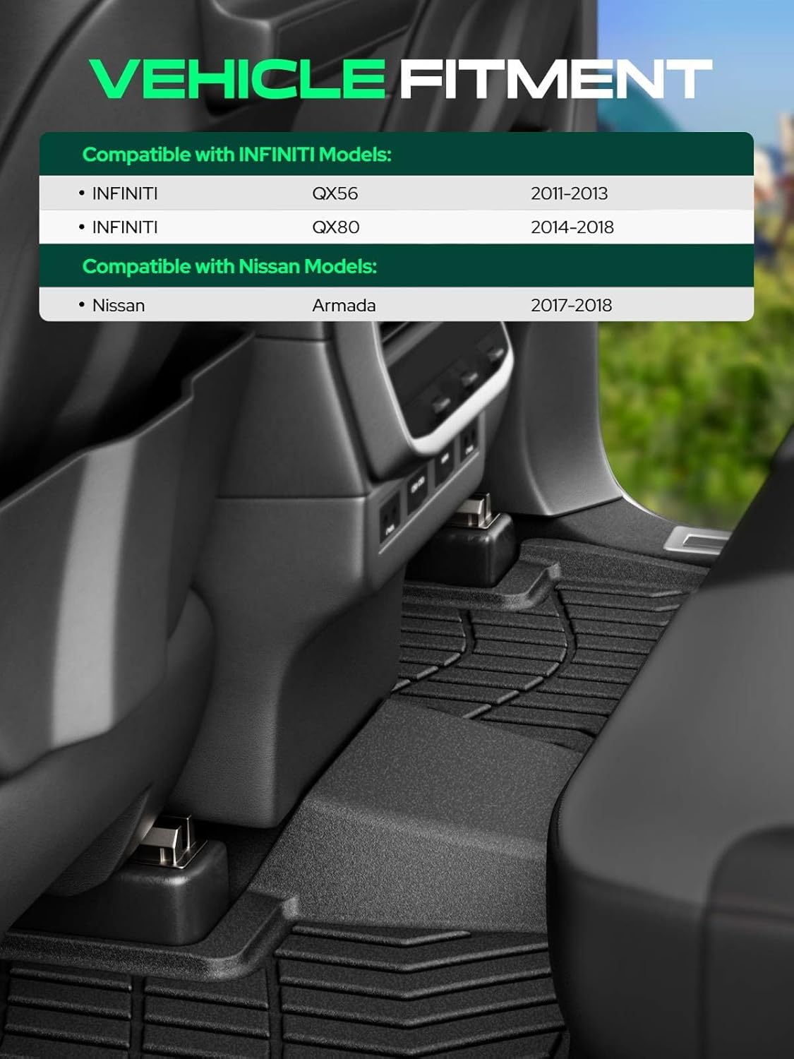 YHTAUTO Floor Mats Fit Nissan Armada 2017-2018, Infiniti QX80 2014-2018, QX56 2011-2013, TPE Floor Liners All-Weather Protection Custom Fit, 1st & 2nd Row, Set of 3 Black - Image 3