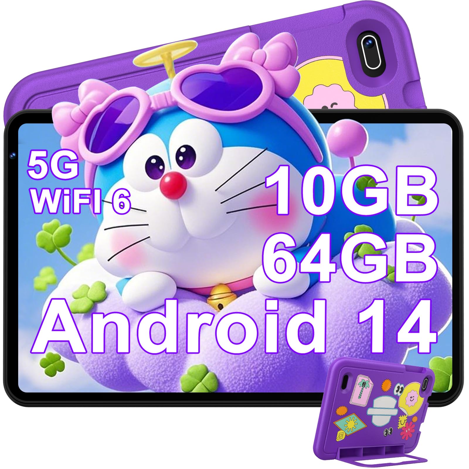 DEERTiME Tablet Andorid 14 Bambini 7 Pollici 10GB RAM + 64GB ROM (TF 1TB), WiFi 6, BT5.0, Octa-Core, Controllo Parentale | Doppia Fotocamera | GMS Certificated | GPS | Tablet con Custodia EVA - Viola