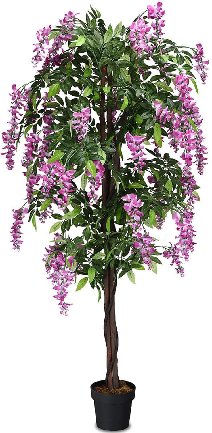 Artificial Wisteria Tree 6ft, Purple Red Wisteria w/Pot, Flowers, 2 Trunks, 1260 Leaves, Tall Artificial Trees Potted Plants for Outdoors, Home, Office, Garden, Living Room