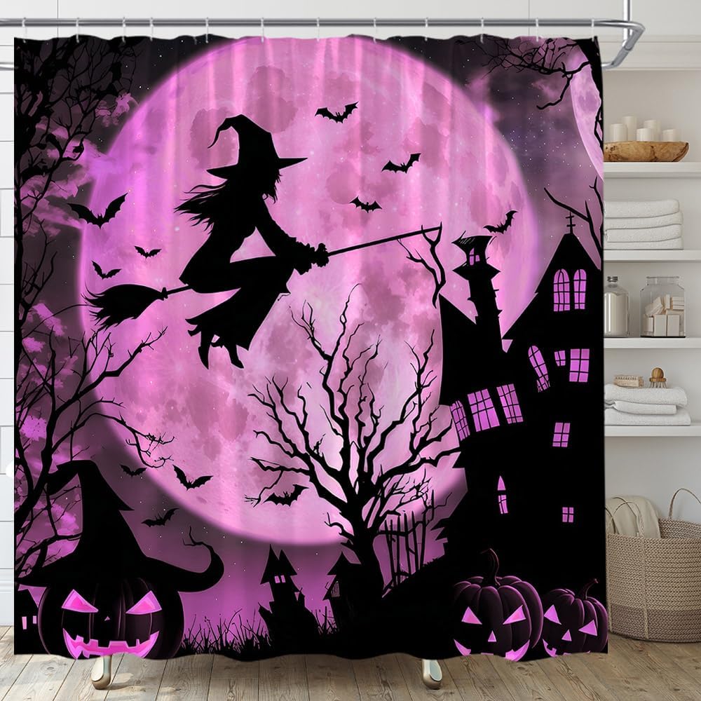Spooky Halloween Shower Curtain Horror Witch Pumpkin Scary Castle Dead Tree Full Moon Bat Gothic Halloween Fabric Bathroom Decor Set with Hooks,(84" Wx70 H)