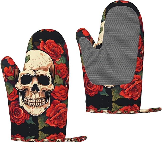 2pcs Silicone Oven Mitts Set Heat Resistant Oven Glove Non-Slip Grip Cooking Gloves Sugar Skull Rose Kitchen Mitts for Baking BBQ Grilling Oven Mitt