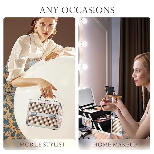 Miniatura 10 de FRENESSA Estuche de tren de maquillaje, estuche organizador de cosméticos, caja de maquillaje portátil, 2 bandejas con espejo, estuche organizador