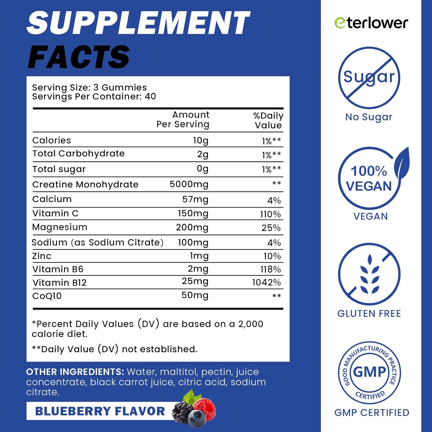 Creatine Monohydrate Gummies 5g – Pre-Workout Energy & Muscle Growth Support for Men & Women | Blueberry Electrolyte Gummies, 120 Count