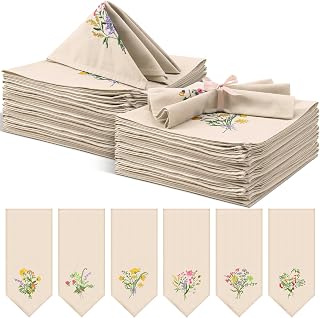 Tioncy 12 Pack Embroidered Wildflower Linen Napkins 18x18 Inch - Floral Cocktail Tea Napkins for Parties, Weddings, Dinners & Gifts