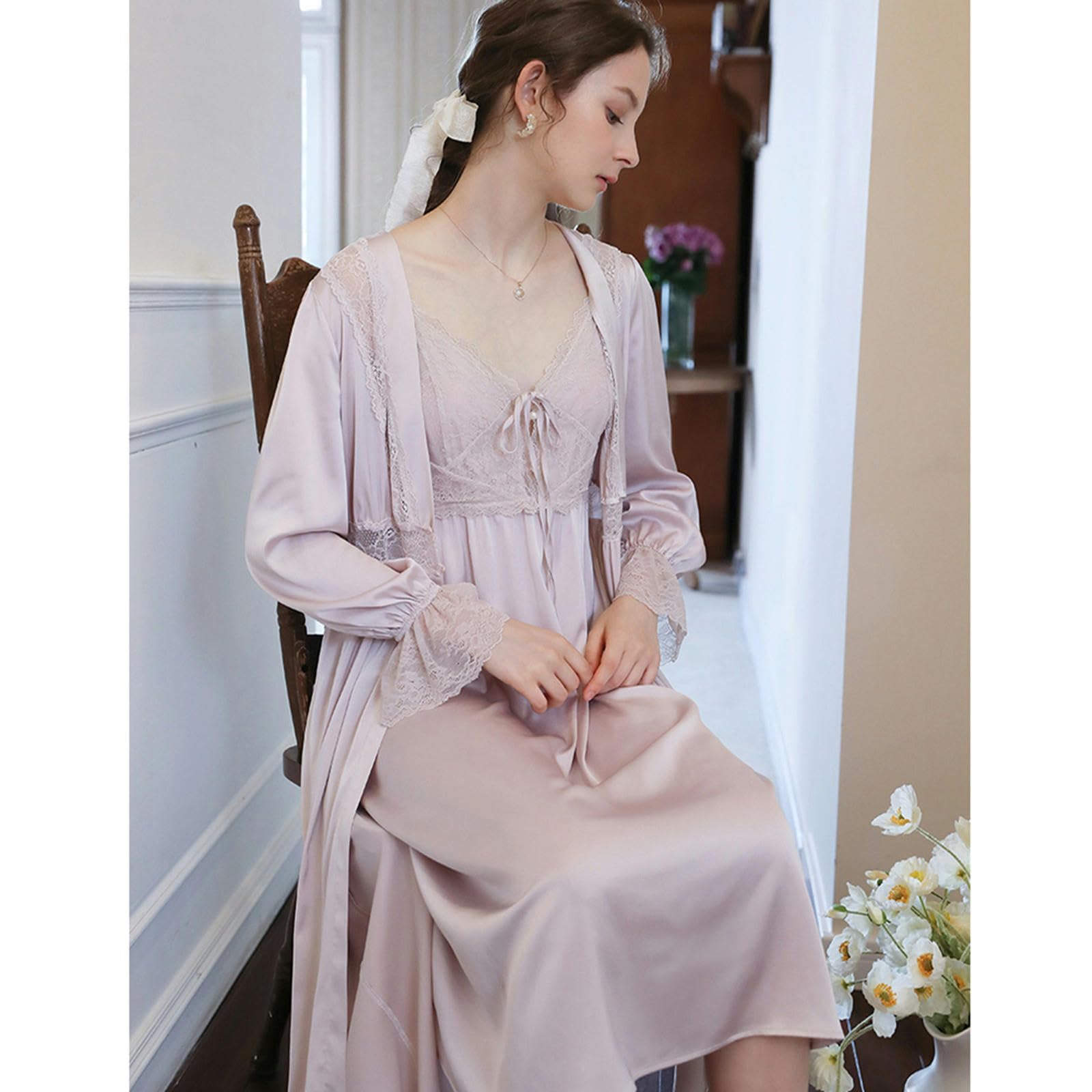 Camicia Notte Donna Nightdress A Due Pezzi Set Sottile in Pizzo di Alta Qualità per Pigiama da Notte Femmina Autunno A Maniche Lunghe-Blu-L