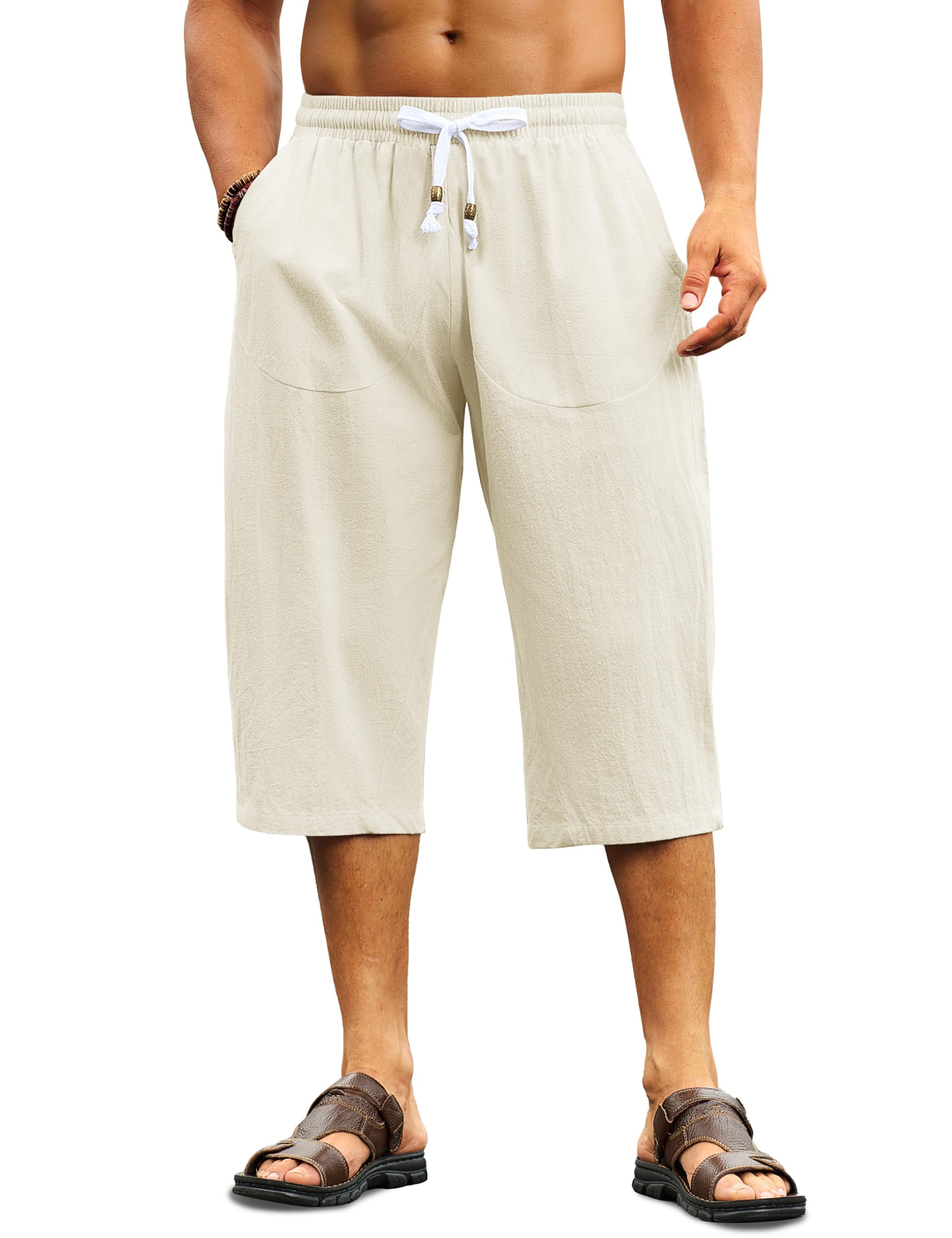 Cotrasen Mens Cotton Linen Capri Pants Loose Fit Elastic Waist Drawstring Baggy Harem Pants Casual Beach Yoga Trousers