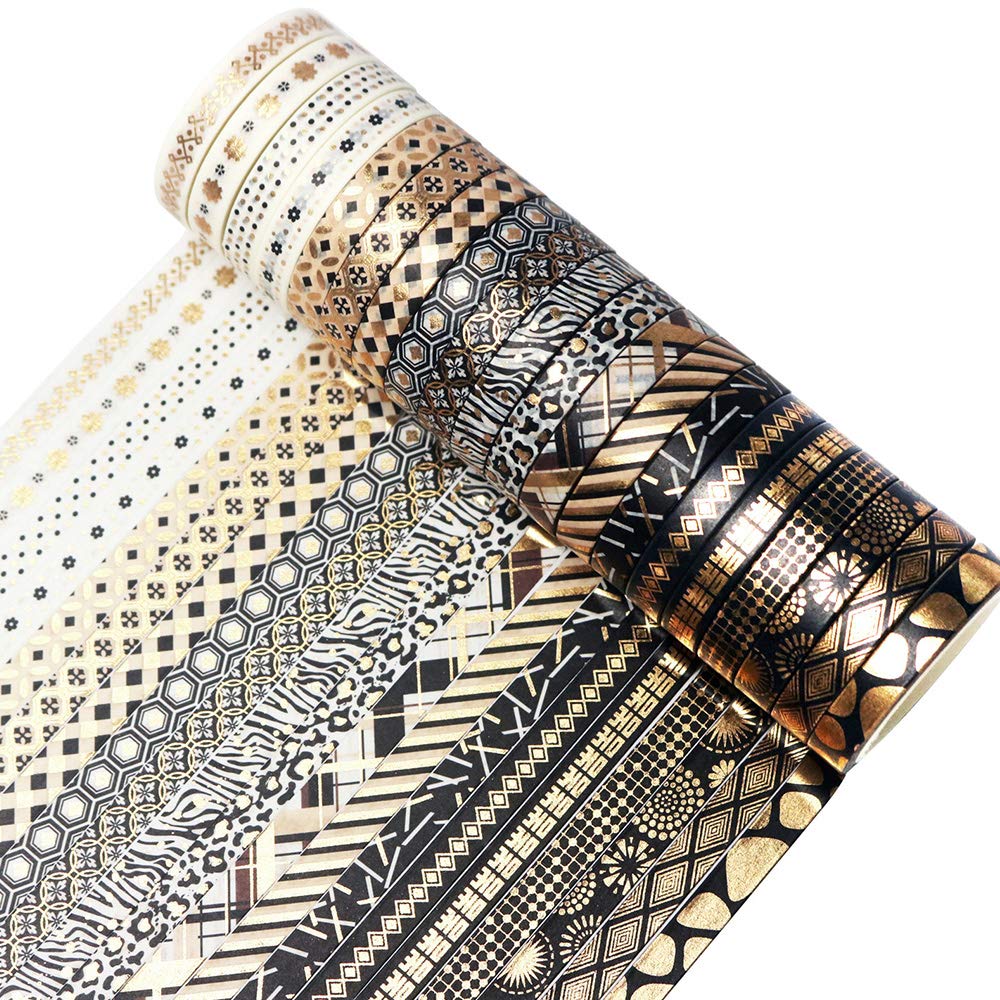 YUBBAEX 10 Rolls Washi Tape Set Black Gold Foil Print Decorative Tapes for Arts, DIY Crafts, Bullet Journals, Planners, Scrapbook, Wrapping 15mm (Black Gold x 10 Rolls)