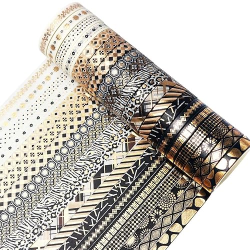 YUBBAEX Juego de 20 rollos de cinta Washi con impresión de papel de aluminio negro y dorado para artes, manualidades, diarios, planificadores,